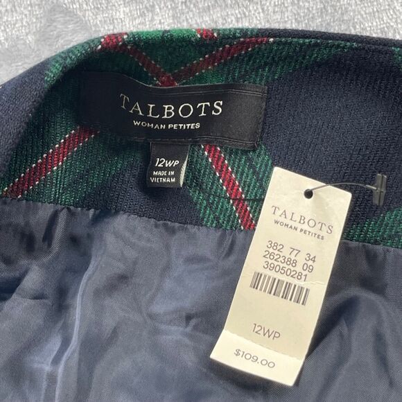 Talbots Skirt 12WP Navy Green Red Plaid Wool Blend Pencil Lined Stretch Waist - Picture 11 of 13